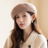 香雪羽秀羊毛贝雷帽女士秋冬季画家帽时尚百搭八角帽女法式帽子女 卡其色 M码头围58cm
