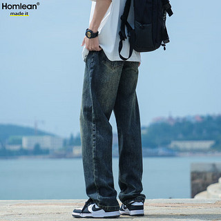 Homlean水洗复古牛仔裤男士春夏季宽松透气直筒长裤子K3306藏青XL XL（125-145斤）