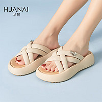 华耐（huanai）拖鞋女夏季织女士外穿凉拖时尚厚底沙滩凉鞋 95222151 米色 35