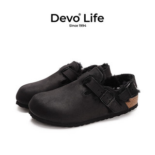 Devo Life的沃软木拖鞋包头半包加绒加毛外穿女鞋23007 黑色油蜡皮+黑毛 38