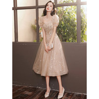 塞德勒香槟色晚礼服女宴会气质平时可穿艺考高级感小个子主持裙 卡其色 S(86-95斤)