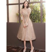 塞德勒香槟色晚礼服女宴会气质平时可穿艺考高级感小个子主持裙 卡其色 XXXL(136-145斤)