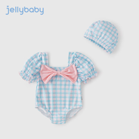 JELLYBABY儿童格子泳装夏款宝宝2024新款时尚游泳衣5女童连体泳衣 蓝格