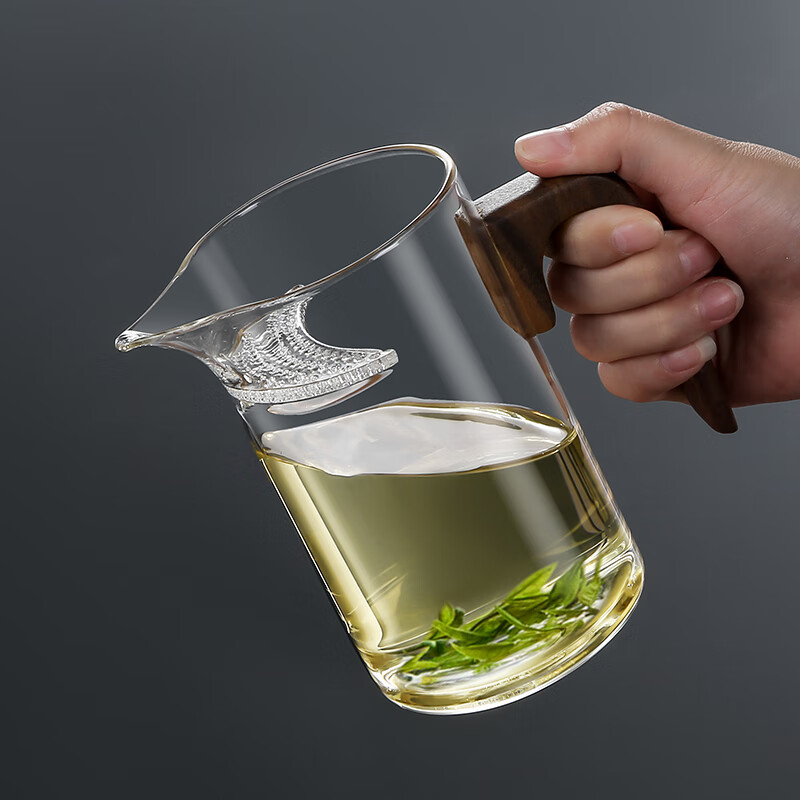 津盼月牙杯茶水分离泡茶杯耐高温玻璃泡绿茶木把公道杯办公室喝茶器具 月牙公道杯