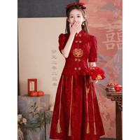 塞德勒(SAIDELE)新中式敬酒服新娘酒红色旗袍改良简约秀禾服中袖结婚服订婚连衣裙 酒红色 XXXL (136-145斤)