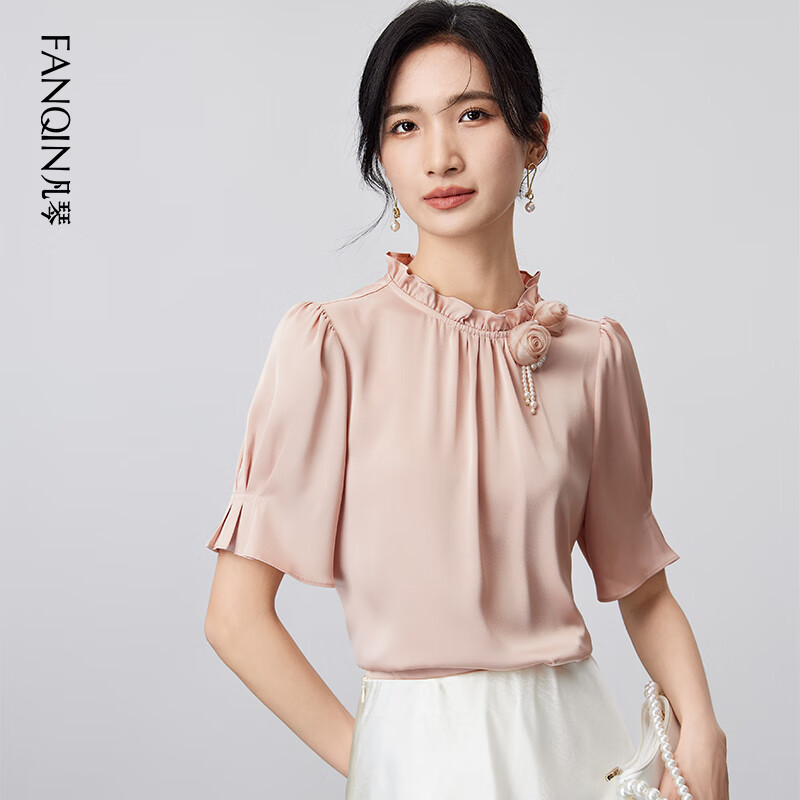 凡琴法式雪纺上衣木耳立领泡泡袖立体玫瑰花装饰短袖衬衣 粉色