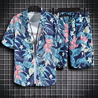 狄帝鲨夏季速干夏威夷短袖花衬衫套装男百搭痞帅沙滩海边搭配两件套 T3023套装-蓝色 3XL