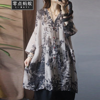 零点蚂蚁大码女装夏装民族风复古印花棉麻衬衫中长款洋气减龄薄款休闲衬衣 黑色 均码【100-185斤】