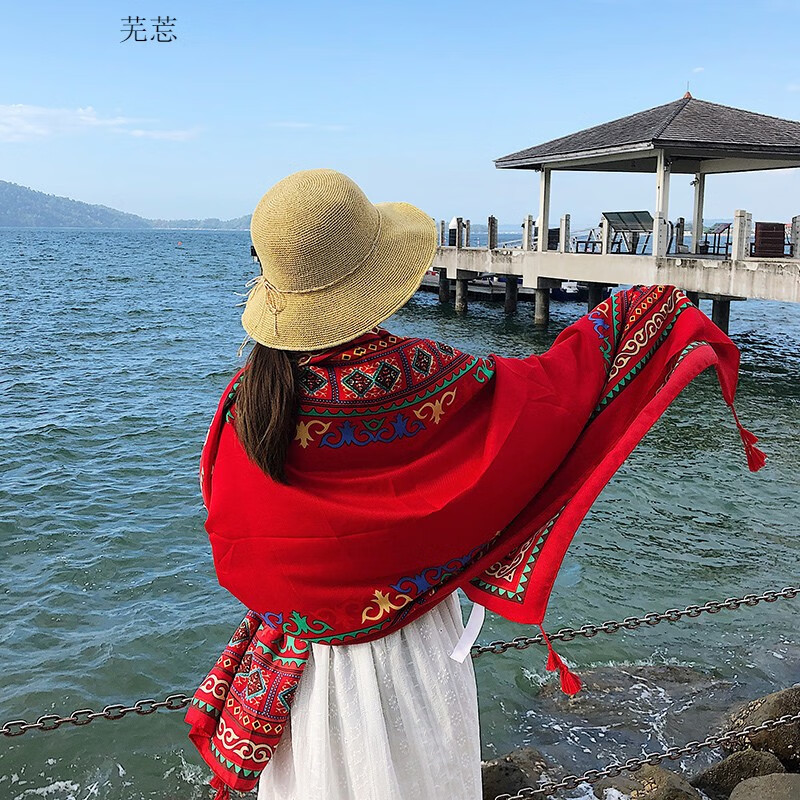 千姿娇媚（QIANZIJIAOMEI）民族风围巾防晒披肩夏季长款外搭女百搭海边纱巾沙滩巾 WM160-大红色