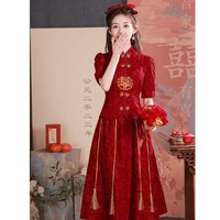 塞德勒（SAIDELE）新中式敬酒服新娘酒红色旗袍改良简约秀禾服中袖结婚服订婚连衣裙 酒红色 L (106-115斤)