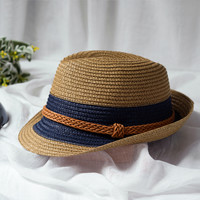 绮琞 夏季遮阳帽 透气草帽男士夏季出游防晒帽子英伦草帽 卡其深蓝边