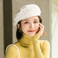 KAROND贝雷帽女夏季薄款八角帽贝雷帽女夏季薄款透气复古八角帽日系百搭休闲褶皱蕾丝画家帽 白色