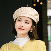 KAROND贝雷帽女夏季薄款八角帽贝雷帽女夏季薄款透气复古八角帽日系百搭休闲褶皱蕾丝画家帽 卡其色