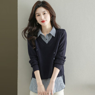 兹奈儿针织衫女宽松韩版假两件女装外套上衣衬衫领毛衣女春秋装 米色 2XL