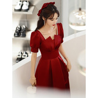 塞德勒敬酒服新娘2022方领结婚订婚回门礼服平时可穿缎面 酒红色中长款 XS(75-85斤)