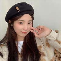 叕二叕 韩版小熊日系复古卡通棕色毛呢贝雷帽女秋冬帽子气质画家帽男 黑色