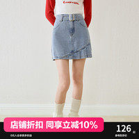 乐町斜线分割牛仔短裙24年春季方块A字裙深牛仔蓝打褶半身裙 浅牛仔蓝 L