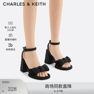 CHARLES&KEITH蝴蝶结绒布粗跟露趾高跟凉鞋CK1-60920367 BLACK TEXTURED黑色纹理 35