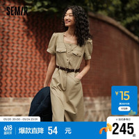 森马（Semir）[商场同款]连衣裙女方领开叉中长裙2024夏盐系工装裙101324114048