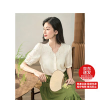 茵曼文艺苎麻莱赛尔衬衫女夏季休闲百搭刺绣上衣18336115 杏色