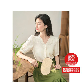 茵曼文艺苎麻莱赛尔衬衫女夏季休闲百搭刺绣上衣18336115 杏色