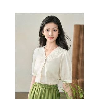 茵曼文艺苎麻莱赛尔衬衫女夏季休闲百搭刺绣上衣18336115 杏色