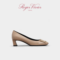 ROGERVIVIER【甄选】/RV女鞋Trompette经典方扣高跟鞋漆皮中跟单鞋婚鞋 驼色 36.5