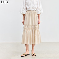 丽丽 LILY2024夏季轻都市温柔气质纯色通勤款百搭中长款褶皱半身裙 703米色 L