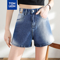 唐狮 TONLION【TJ】牛仔短裤女夏季薄款高腰显瘦时尚个性渐变五分裤子女 中蓝