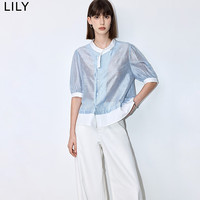丽丽 LILY2024夏新款莱赛尔时尚别致领子撞色条纹醋酸中袖宽松衬衫上衣 401蓝色