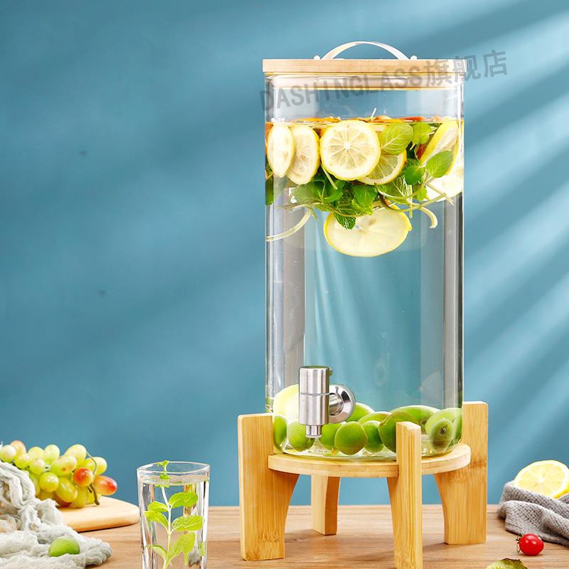 耐热玻璃凉水壶带龙头饮料桶商用自助可乐桶容器柠檬茶果汁罐大容量家用花茶壶饮料水果汁壶 10L-带底座