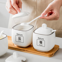多美然 家用白色陶瓷调味罐调料组合套装调味盒厨房调料罐盐罐调味瓶罐 2个黑线白罐-配木板