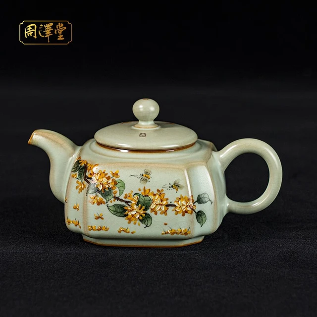 周泽堂 君子四方壶桂花 手绘汝窑茶壶 省工大师釉上彩汝瓷壶 君子四方壶·桂花 280ml