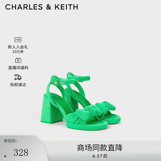 CHARLES&KEITH蝴蝶结绒布粗跟露趾高跟凉鞋CK1-60920367 Green绿色 34