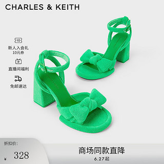 CHARLES&KEITH蝴蝶结绒布粗跟露趾高跟凉鞋CK1-60920367 Green绿色 34