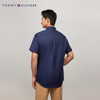 TOMMY HILFIGER【挺括牛津纺】男装商务休闲织带门襟微弹短袖衬衫J3903 深藏青410 M(：135-150斤)