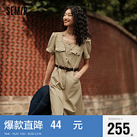 森马（Semir）连衣裙女方领开叉中长裙2024夏盐系工装裙101324114048 咖色调00455