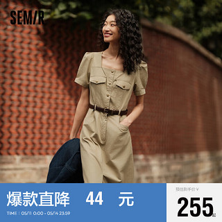 森马（Semir）连衣裙女方领开叉中长裙2024夏盐系工装裙101324114048 咖色调00455 XS