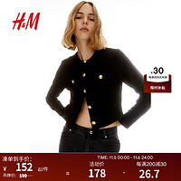 H&M女装短外套小香风款空调衫简约纹理感开衫短款1177837 黑色 165/96A