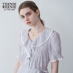 TEENIE WEENIE 小熊 荷叶边碎花连衣裙 法式茶歇裙紫色女 浅紫色