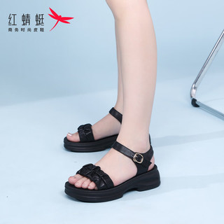 红蜻蜓 RED DRAGONFLY凉鞋女夏季运动凉鞋真皮一字带扣厚底增高沙滩鞋外穿防滑显高 黑色（跟高4.5cm） 37