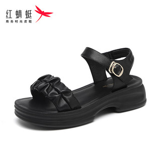 红蜻蜓 RED DRAGONFLY凉鞋女夏季运动凉鞋真皮一字带扣厚底增高沙滩鞋外穿防滑显高 黑色（跟高4.5cm） 37
