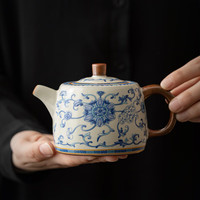 兮元记青花米黄汝窑井栏壶单个茶壶高档描金珐琅彩泡茶器家用功夫茶具 繁花米黄汝窑井栏壶 300ml