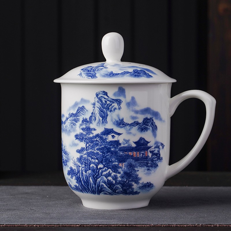 九楼阁 景德镇青花骨瓷有手柄带盖茶杯陶瓷会议杯400ml 青花山水 不带礼盒