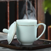鹏博陶瓷景德镇茶杯陶瓷办公杯带盖家用杯子陶瓷水杯影青瓷会议室茶杯 影青金钟杯-描金加厚款