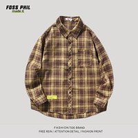 Foss Phil格子长袖衬衫男春秋季港风潮牌青少年衬衣外套C2158黄咖格4XL 4XL（180-205斤）