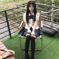 青草序曲套装日系jk制服女甜辣收腰系带衬衫短袖女纯欲学院风澜格裙百褶裙 衬衫+澜格裙+澜领结 L