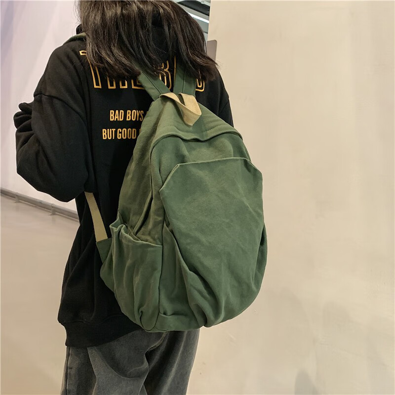 悠泽水洗帆布书包女ins慵懒风森系双肩包原宿高中大男百搭背包潮 绿色