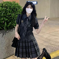 苏洛琳jk制服套装水手服百褶半身裙夏季小个子包臀a字一步短裙校服 灰色加领带+格裙#73751 M（96-106斤）