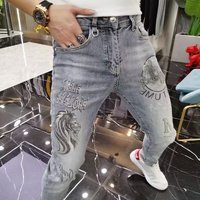 勺府2024春夏季欧洲站牛仔裤男重工烫钻印花潮牌帅气休闲修身小脚长裤 蓝色